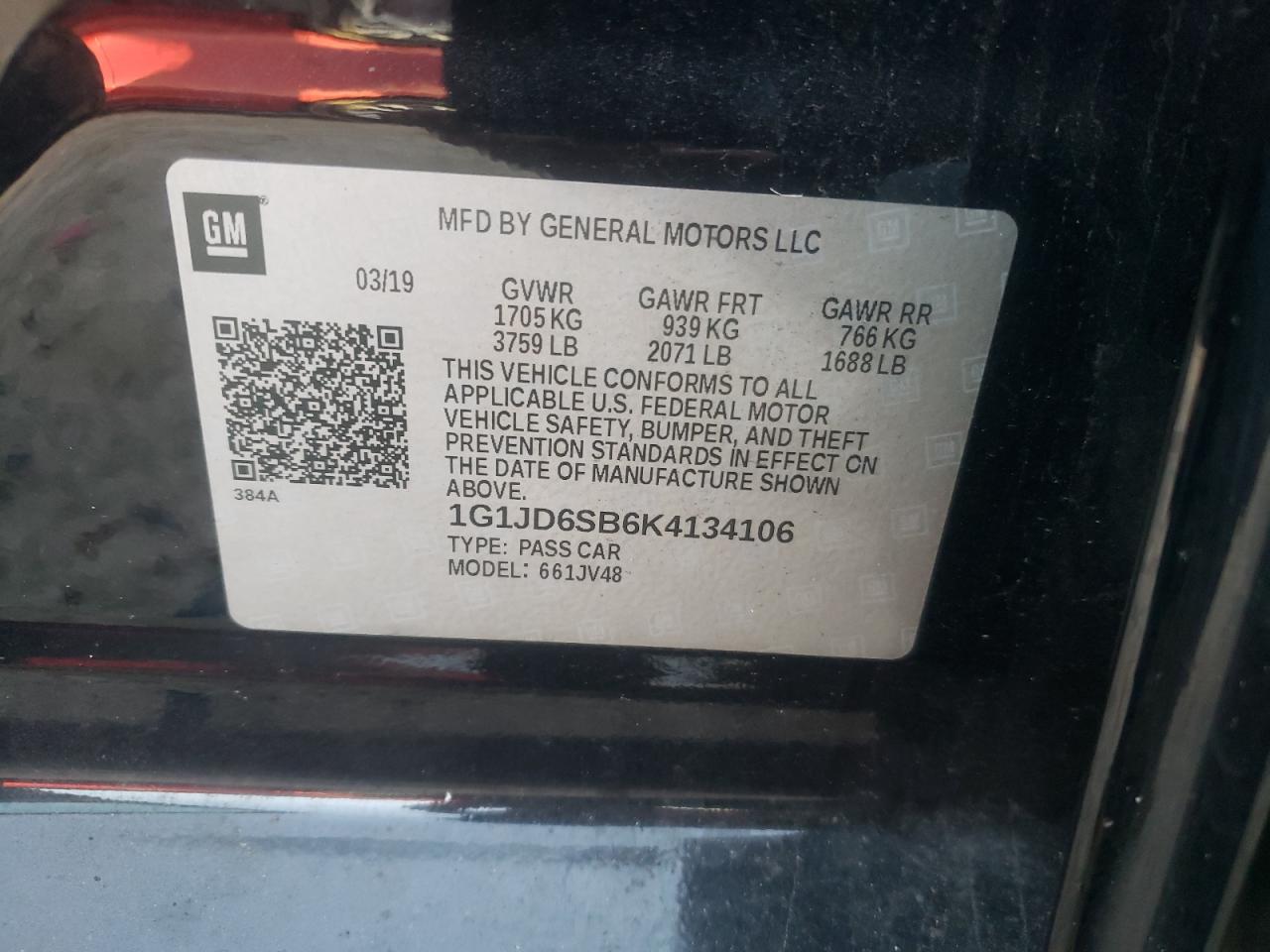 1G1JD6SB6K4134106 2019 Chevrolet Sonic Lt