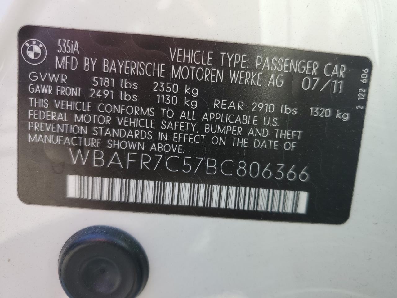 2011 BMW 535 I VIN: WBAFR7C57BC806366 Lot: 66513114