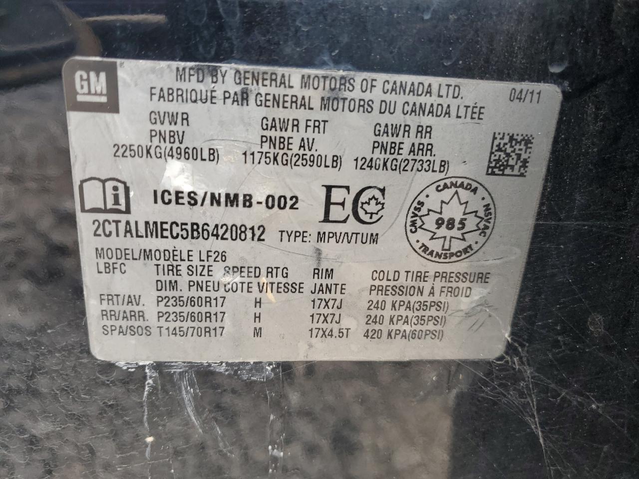 2011 GMC Terrain Sle VIN: 2CTALMEC5B6420812 Lot: 66248684