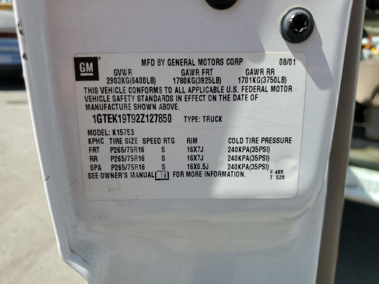 2002 GMC New Sierra K1500 VIN: 1GTEK19T92Z127850 Lot: 69469784