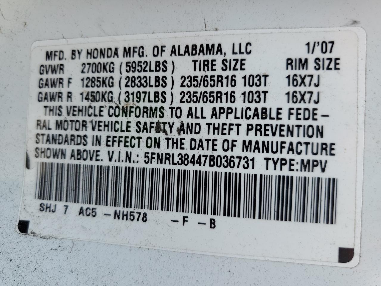 2007 Honda Odyssey Ex VIN: 5FNRL38447B036731 Lot: 65836114
