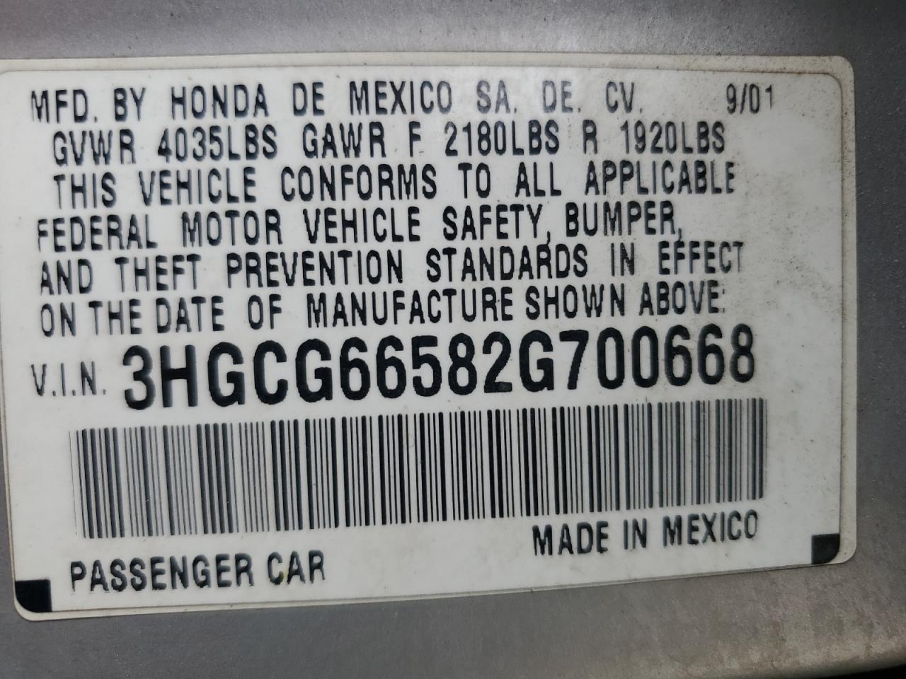 3HGCG66582G700668 2002 Honda Accord Lx