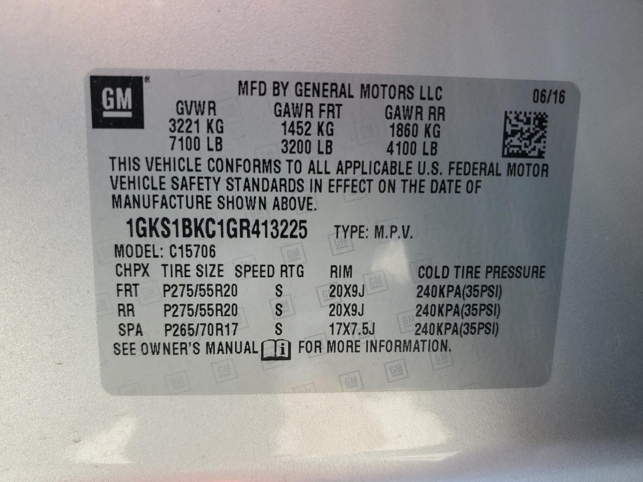 1GKS1BKC1GR413225 2016 GMC Yukon Slt