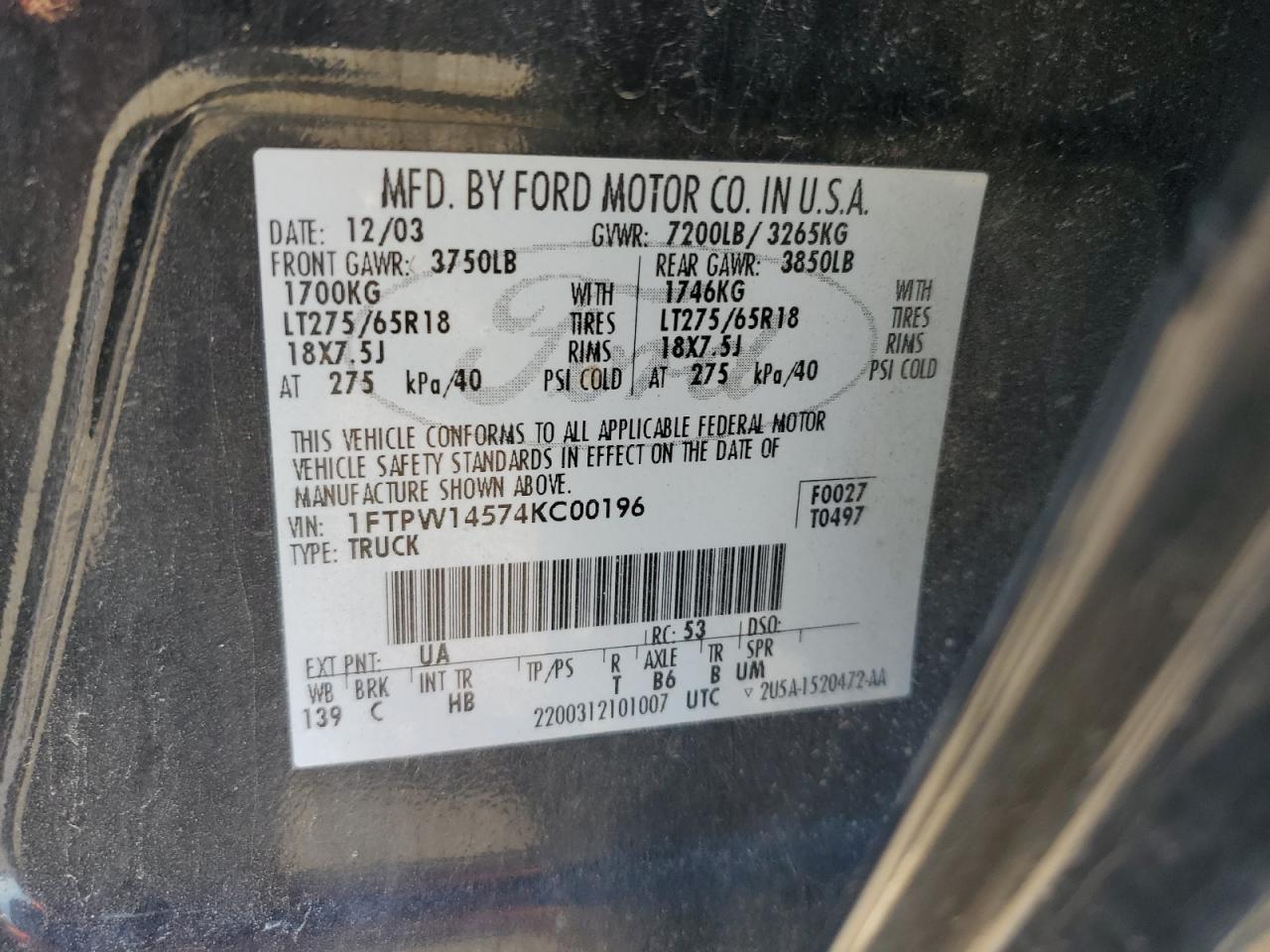 2004 Ford F150 Supercrew VIN: 1FTPW14574KC00196 Lot: 69001954