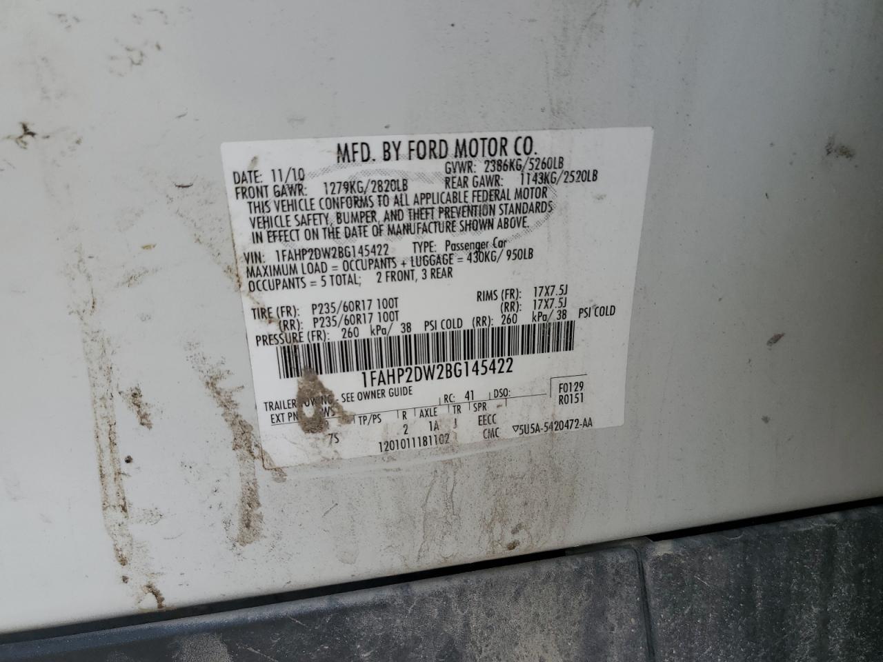 1FAHP2DW2BG145422 2011 Ford Taurus Se