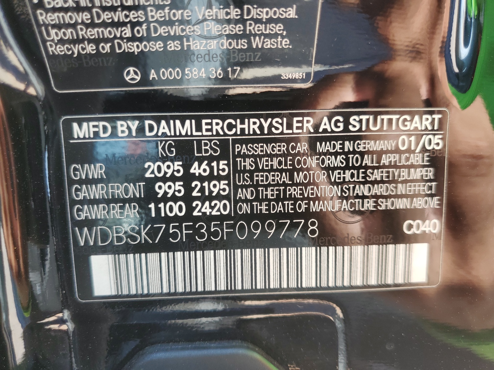 WDBSK75F35F099778 2005 Mercedes-Benz Sl 500