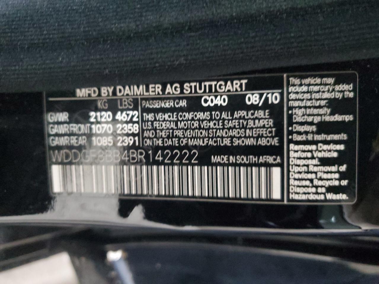 2011 Mercedes-Benz C 300 4Matic VIN: WDDGF8BB4BR142222 Lot: 68018914