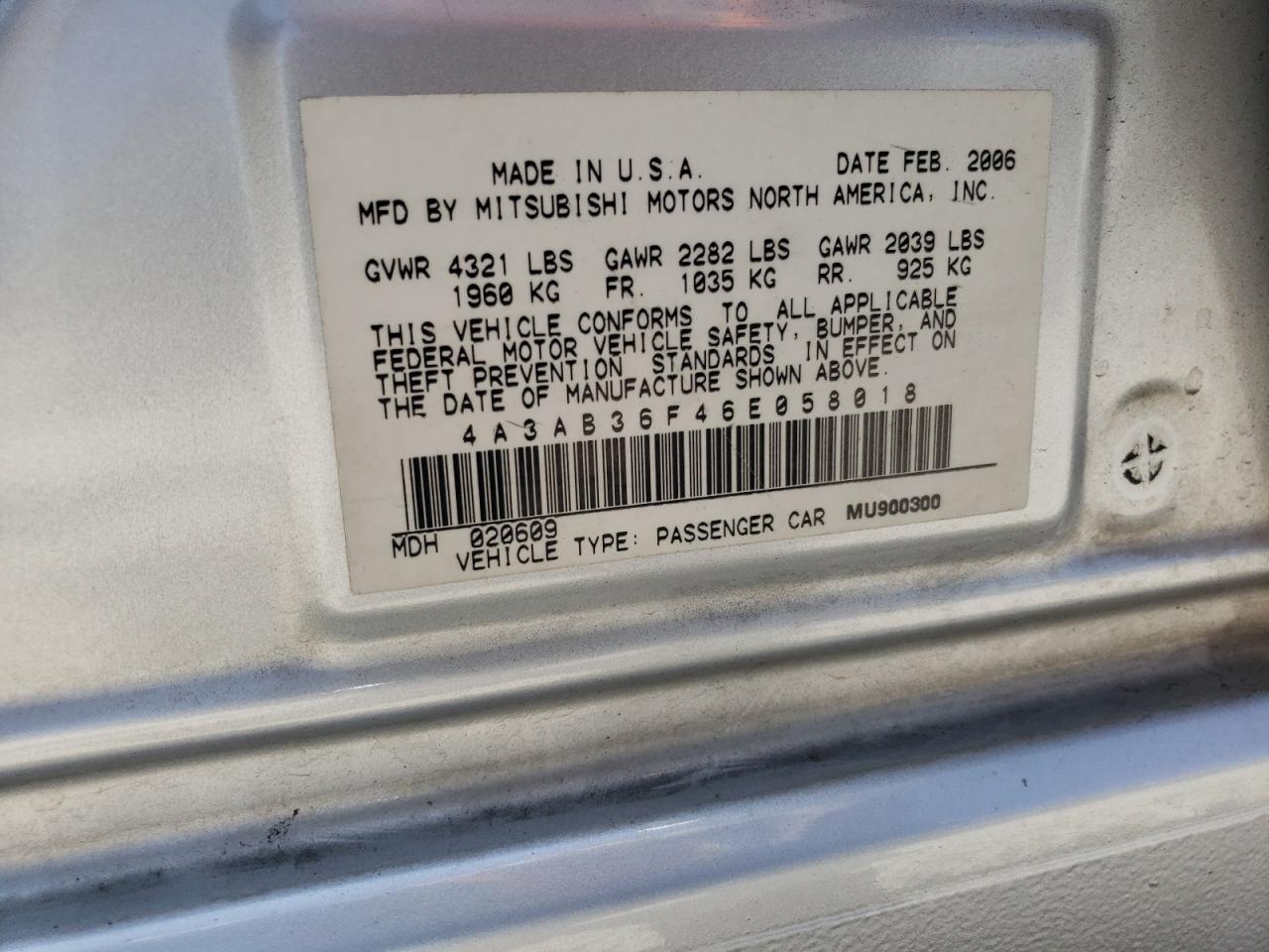 4A3AB36F46E058018 2006 Mitsubishi Galant Es Medium