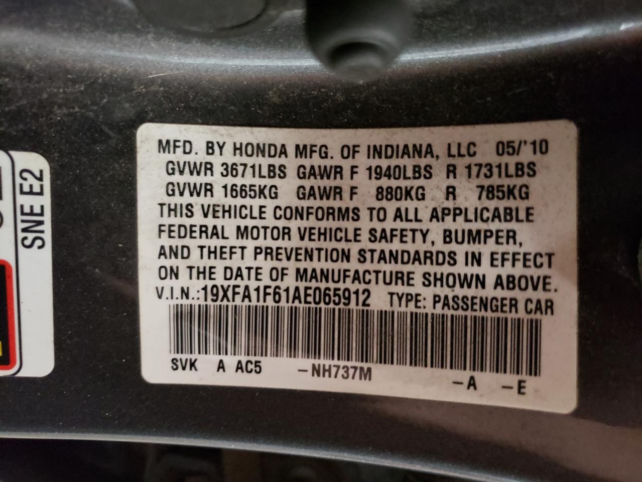 2010 Honda Civic Lx-S VIN: 19XFA1F61AE065912 Lot: 66800824