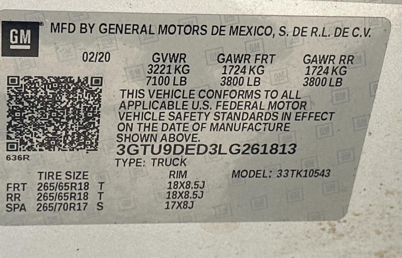 2020 GMC Sierra K1500 Slt VIN: 3GTU9DED3LG261813 Lot: 67714984