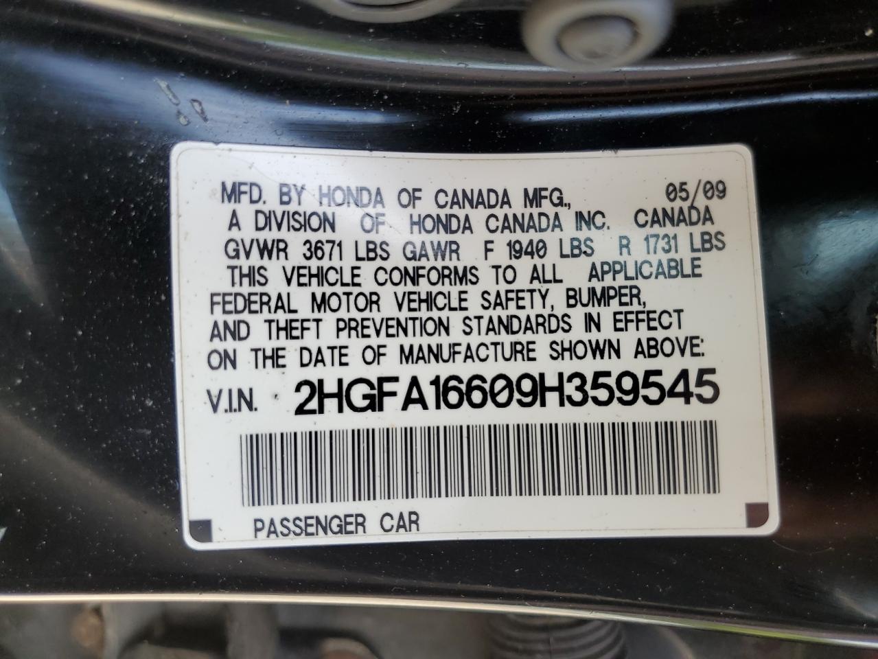 2009 Honda Civic Lx-S VIN: 2HGFA16609H359545 Lot: 82371014