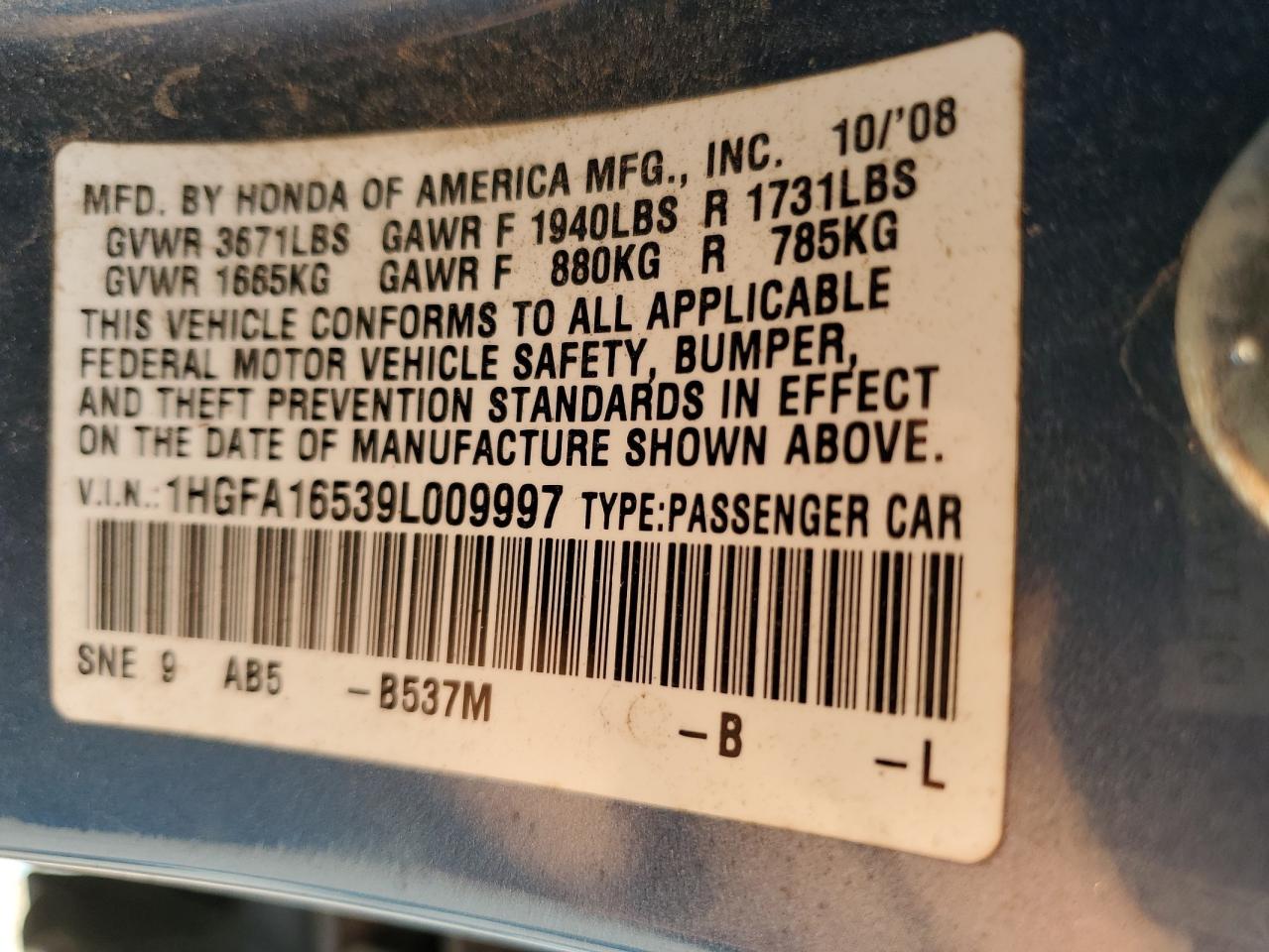 2009 Honda Civic Lx VIN: 1HGFA16539L009997 Lot: 66802304