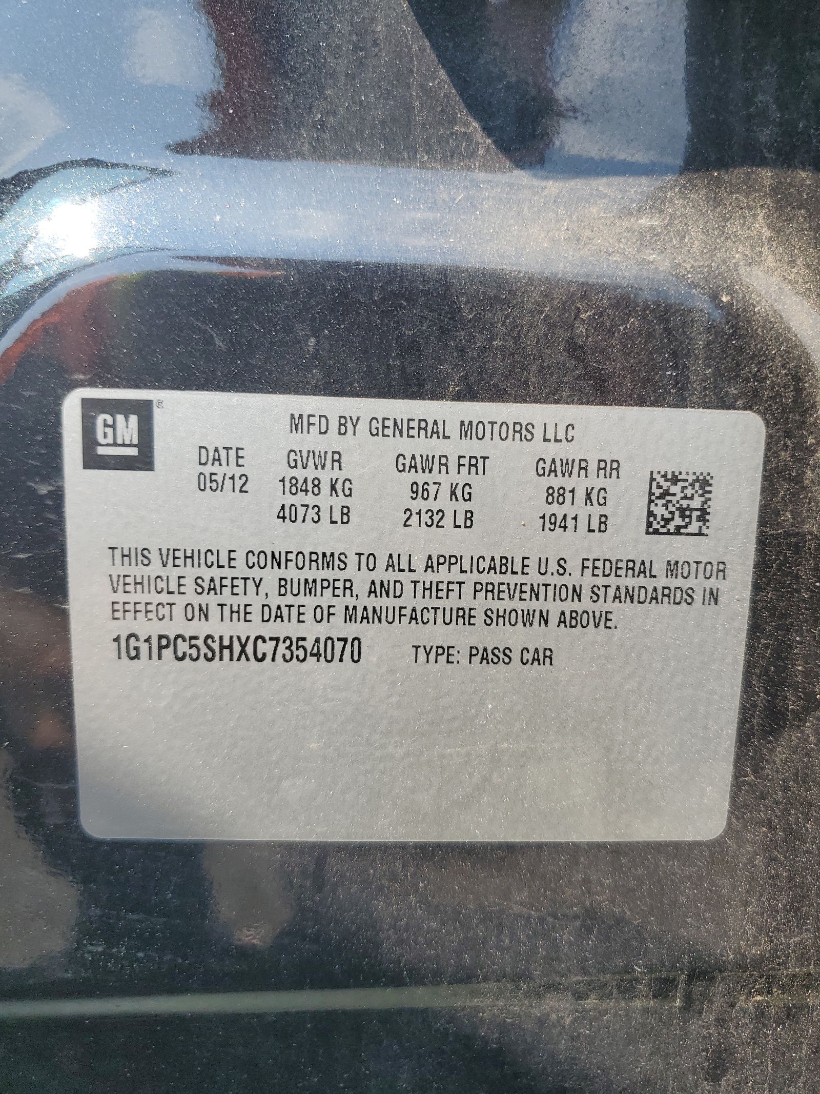 1G1PC5SHXC7354070 2012 Chevrolet Cruze Ls