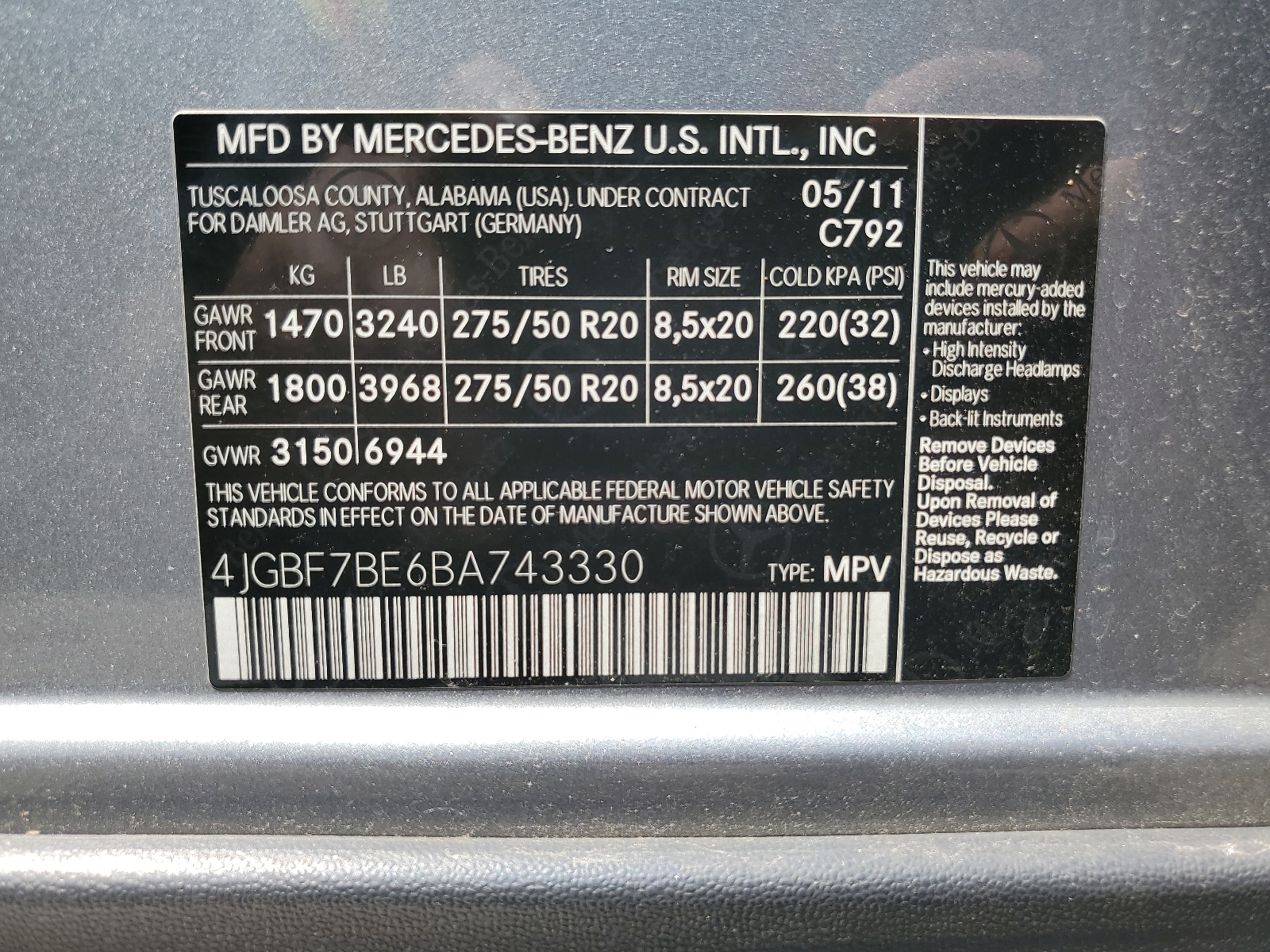 4JGBF7BE6BA743330 2011 Mercedes-Benz Gl 450 4Matic