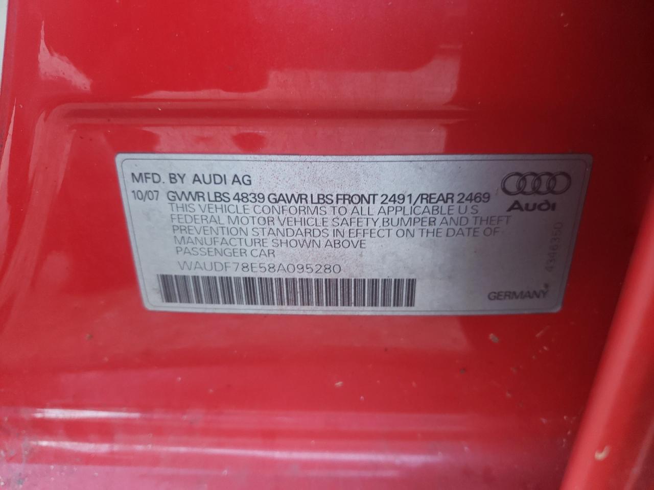 WAUDF78E58A095280 2008 Audi A4 2.0T Quattro