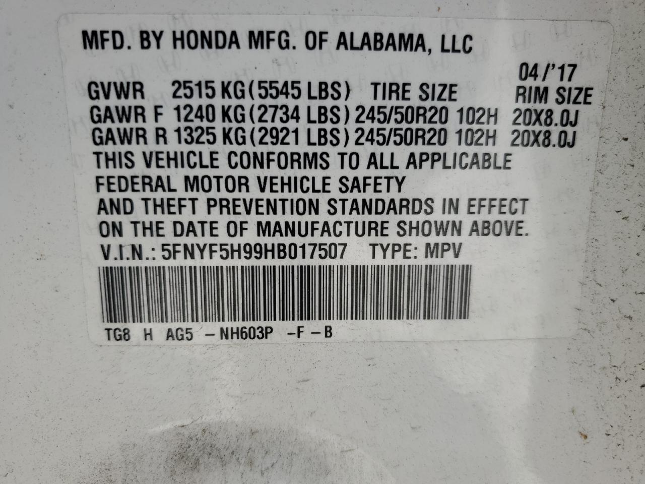 5FNYF5H99HB017507 2017 Honda Pilot Touring