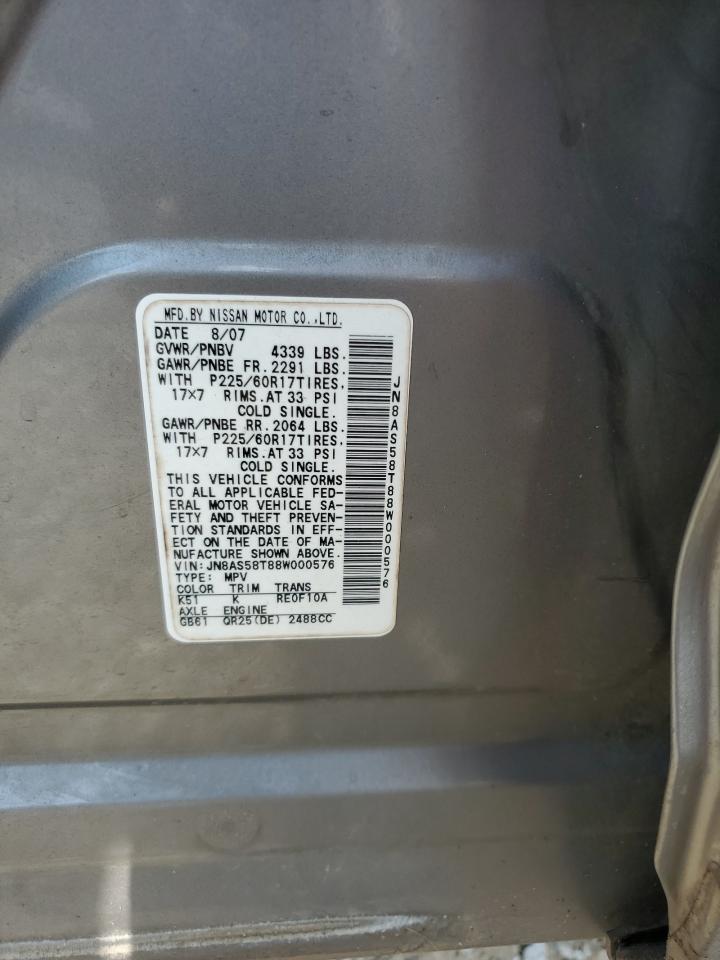 2008 Nissan Rogue S VIN: JN8AS58T88W000576 Lot: 67458074