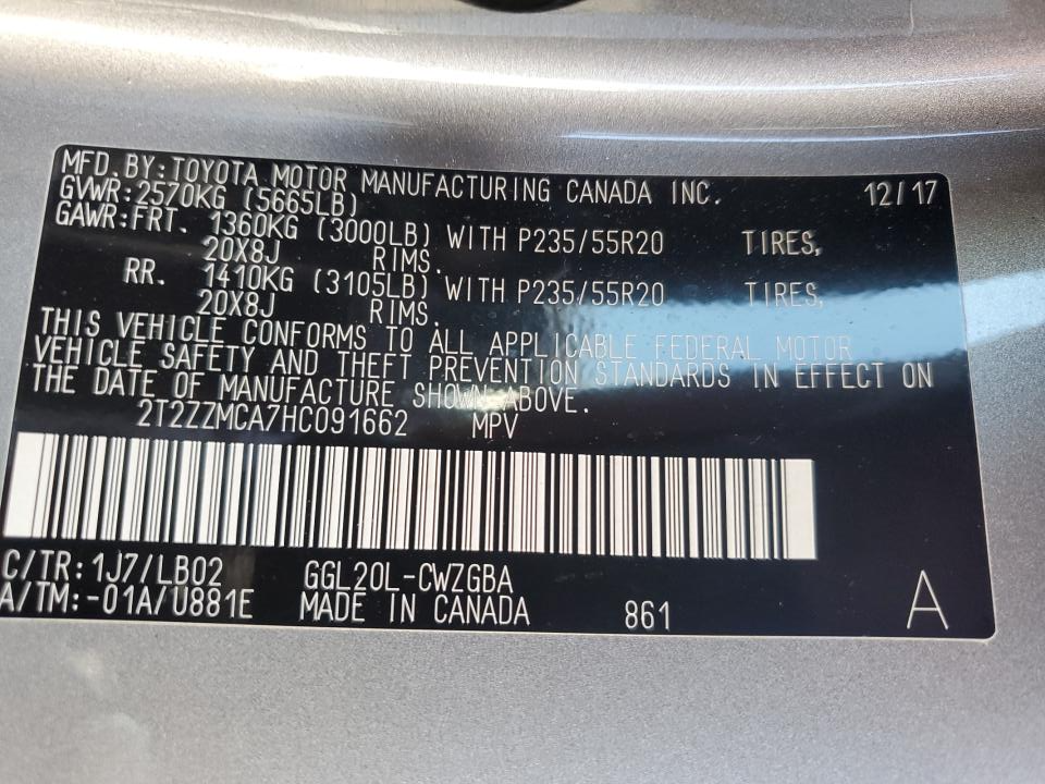 2T2ZZMCA7HC091662 2017 Lexus Rx 350 Base