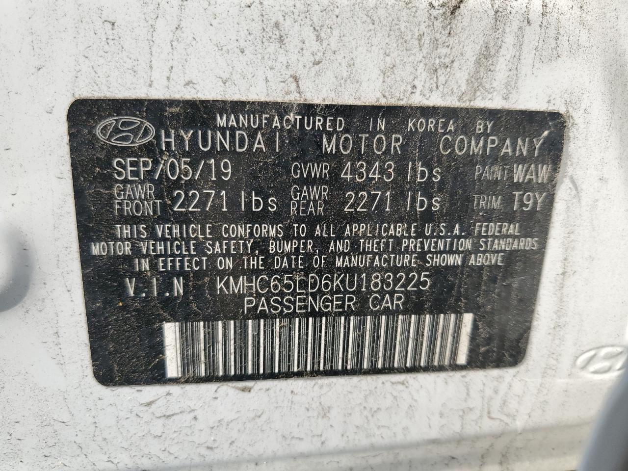 2019 Hyundai Ioniq VIN: KMHC65LD6KU183225 Lot: 64453454