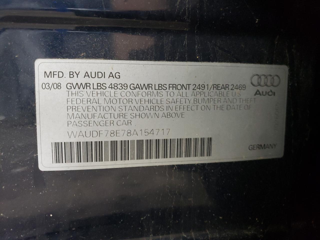 2008 Audi A4 2.0T Quattro VIN: WAUDF78E78A154717 Lot: 67102904