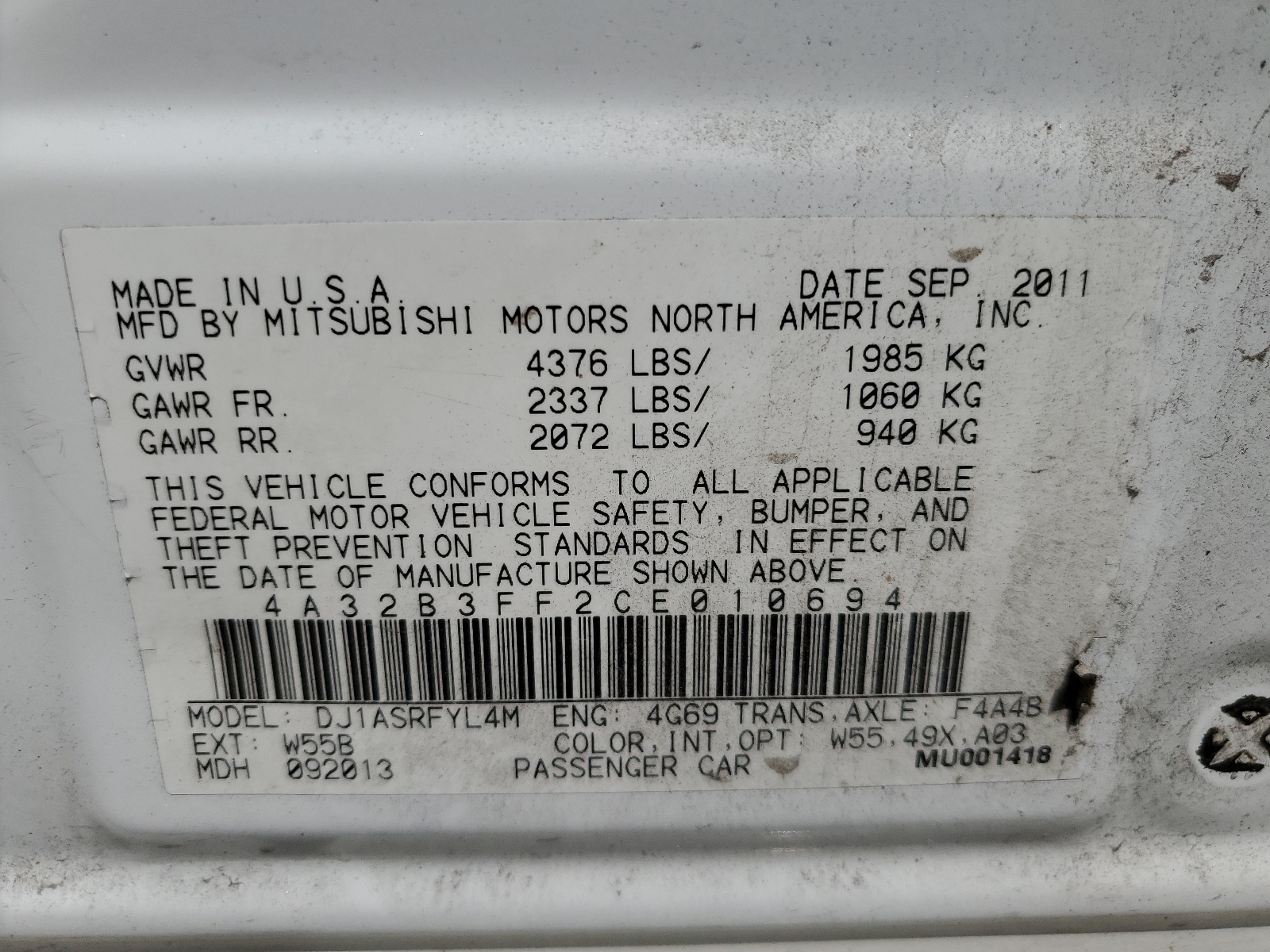 4A32B3FF2CE010694 2012 Mitsubishi Galant Es