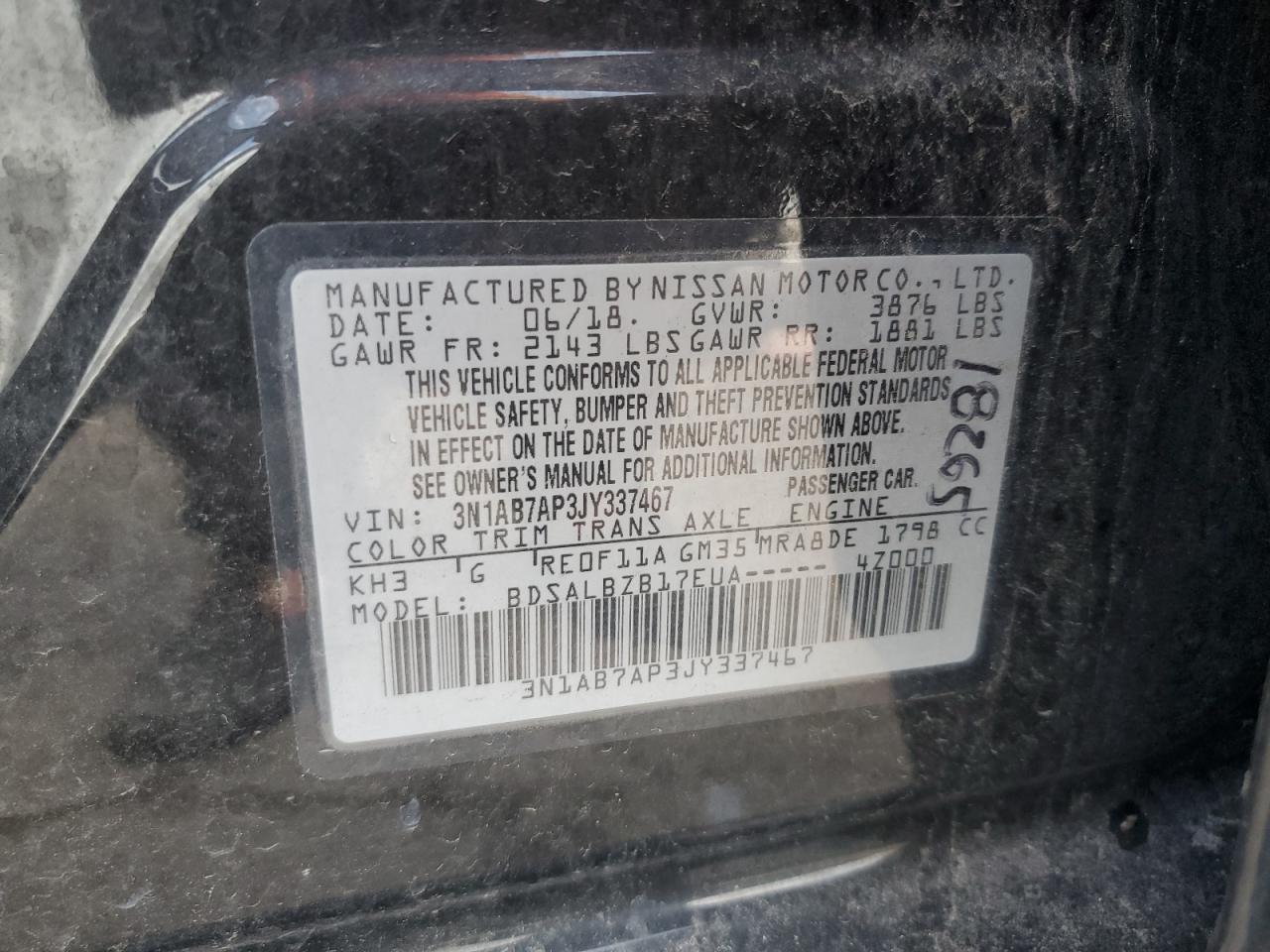 3N1AB7AP3JY337467 2018 Nissan Sentra S