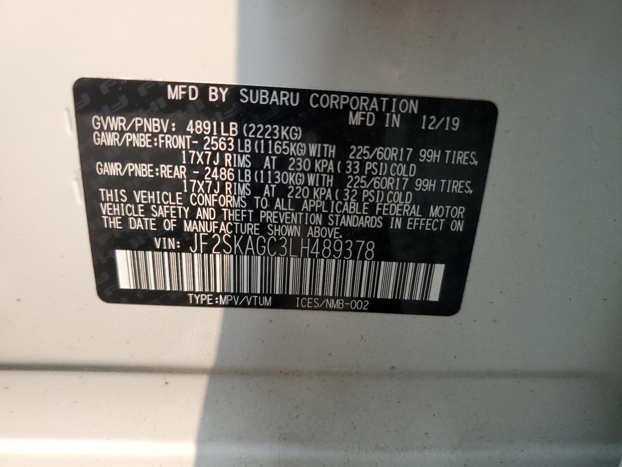 2020 Subaru Forester Premium VIN: JF2SKAGC3LH489378 Lot: 67475334