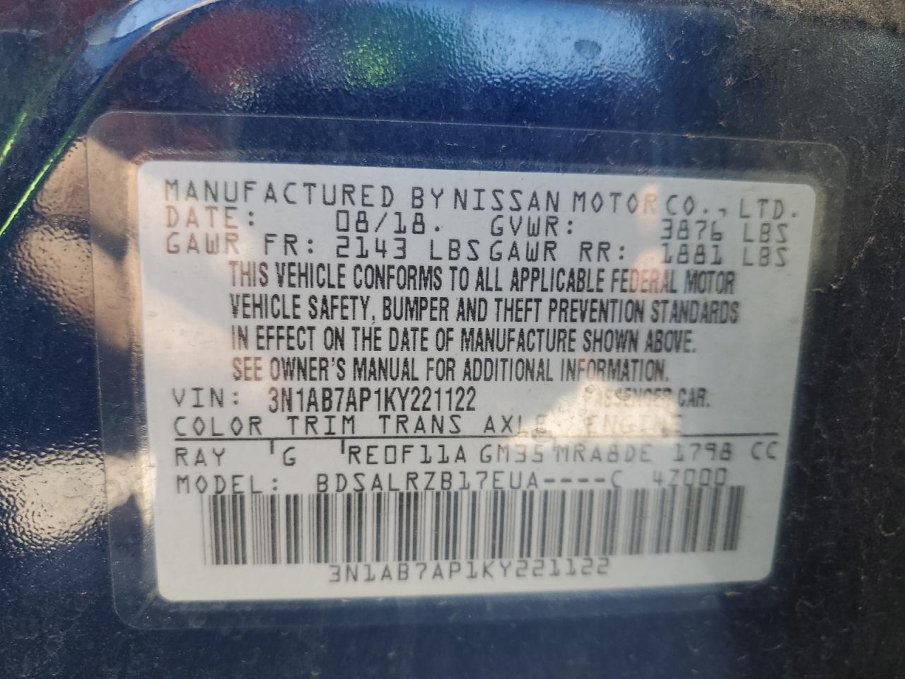 3N1AB7AP1KY221122 2019 Nissan Sentra S