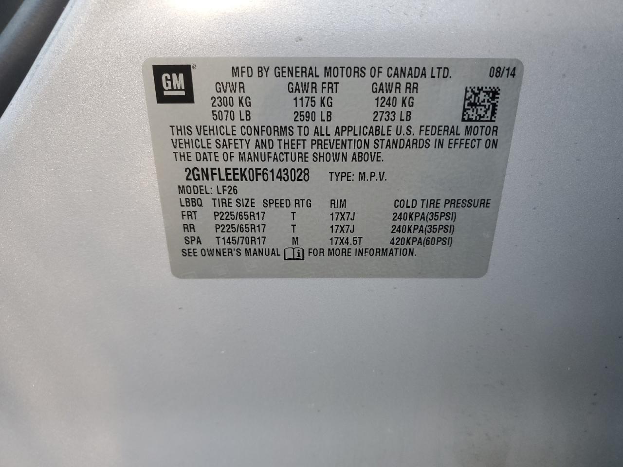 2015 Chevrolet Equinox Ls VIN: 2GNFLEEK0F6143028 Lot: 65616114