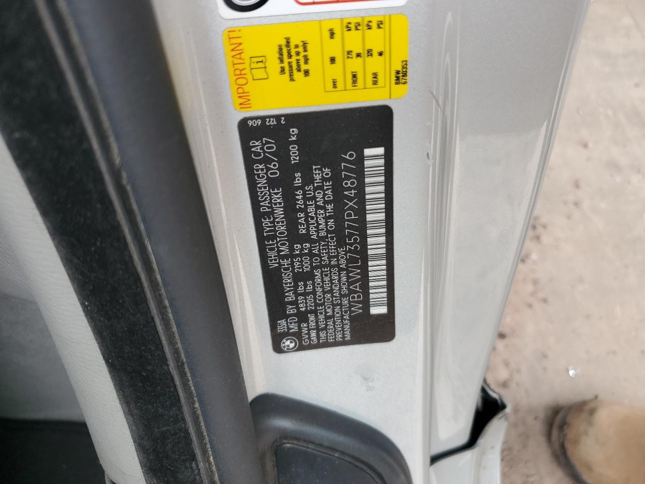 2007 BMW 335 I VIN: WBAWL73577PX48776 Lot: 65808964