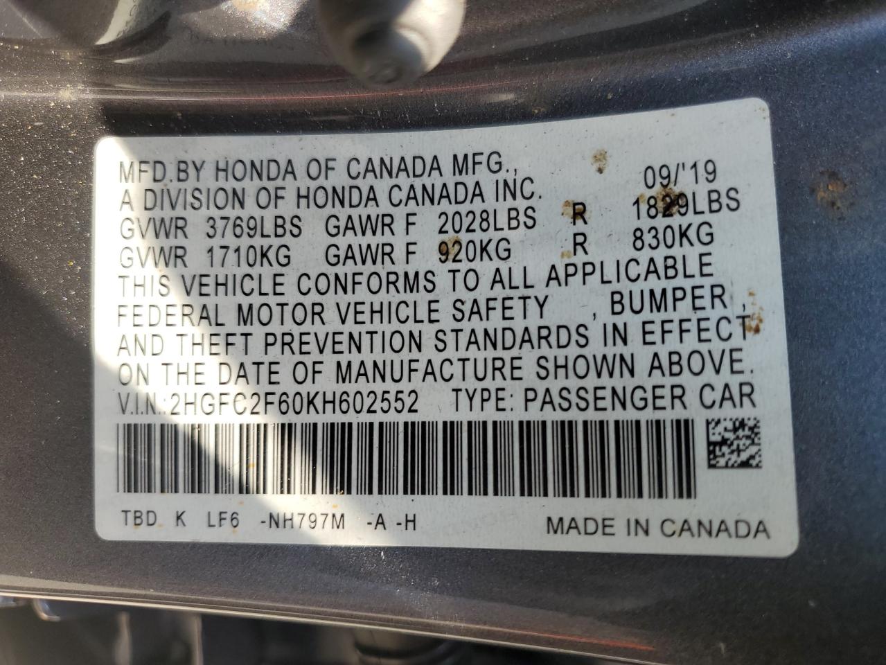 2HGFC2F60KH602552 2019 Honda Civic Lx