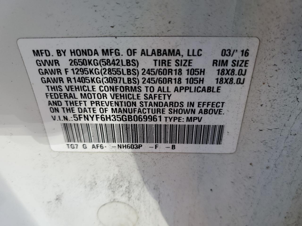 5FNYF6H35GB069961 2016 HONDA PILOT - Image 13