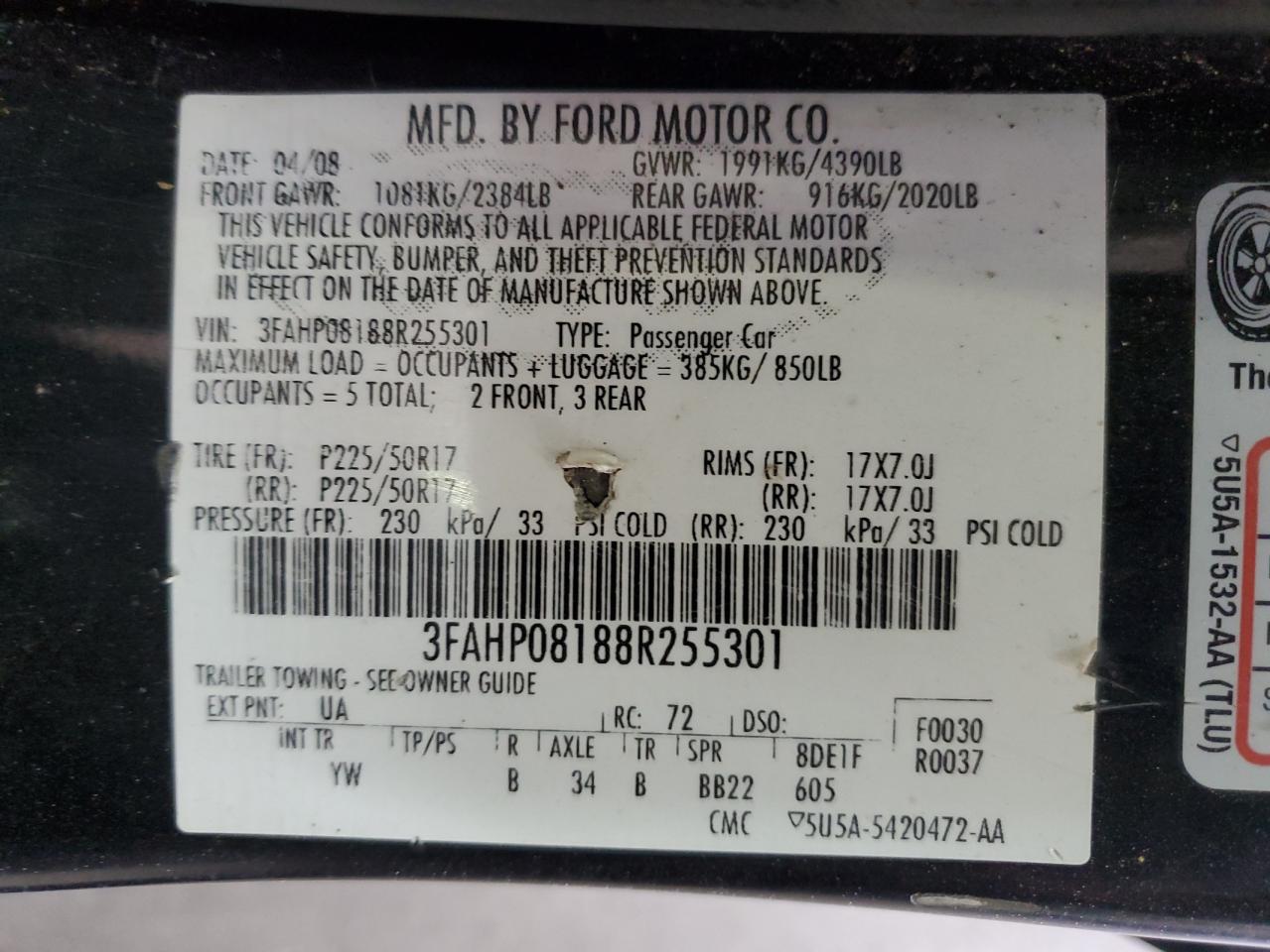 2008 Ford Fusion Sel VIN: 3FAHP08188R255301 Lot: 66941524