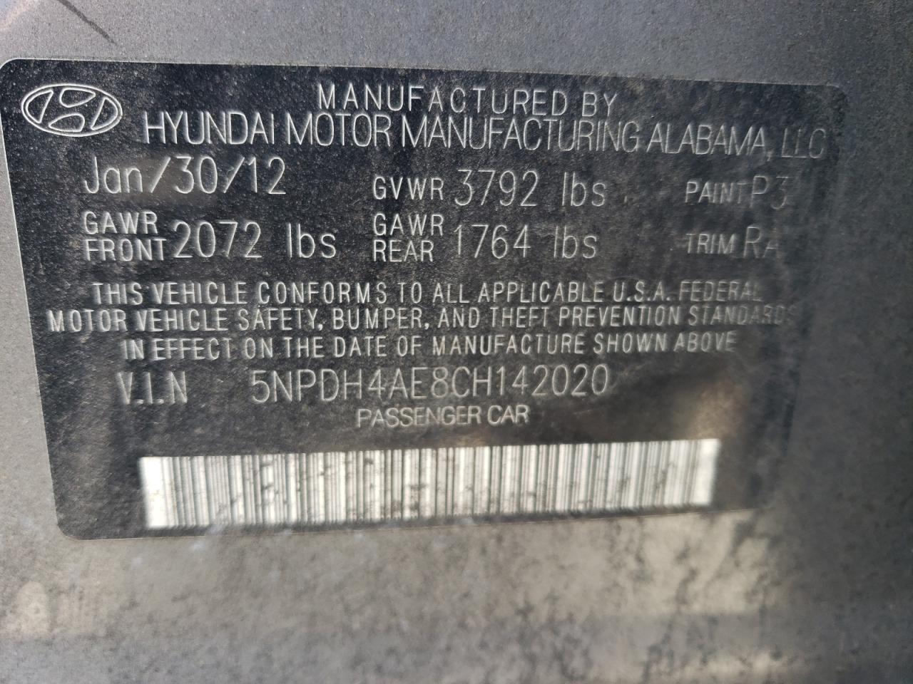 2012 Hyundai Elantra Gls VIN: 5NPDH4AE8CH142020 Lot: 67314184