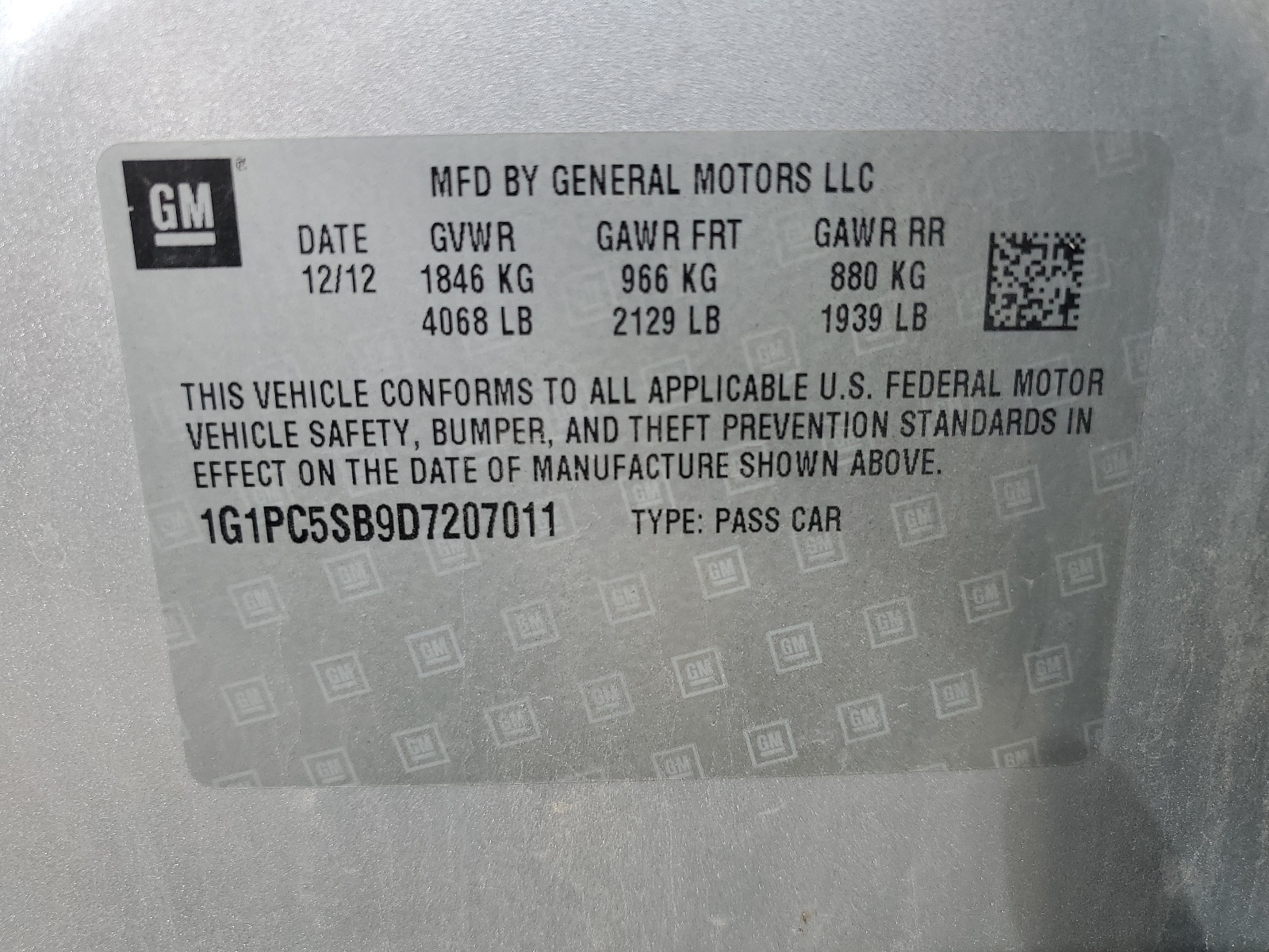 1G1PC5SB9D7207011 2013 Chevrolet Cruze Lt