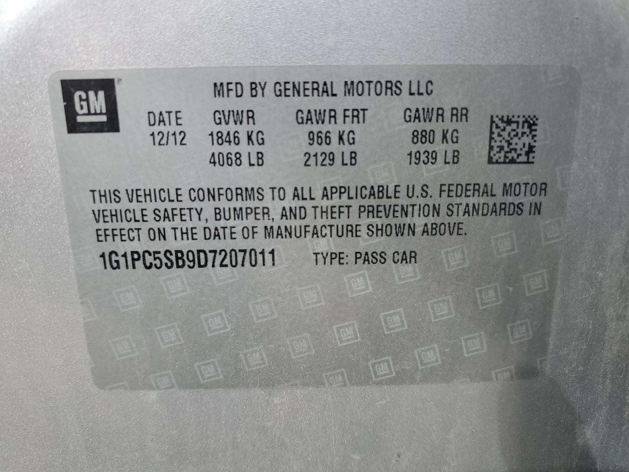 2013 Chevrolet Cruze Lt VIN: 1G1PC5SB9D7207011 Lot: 68256224