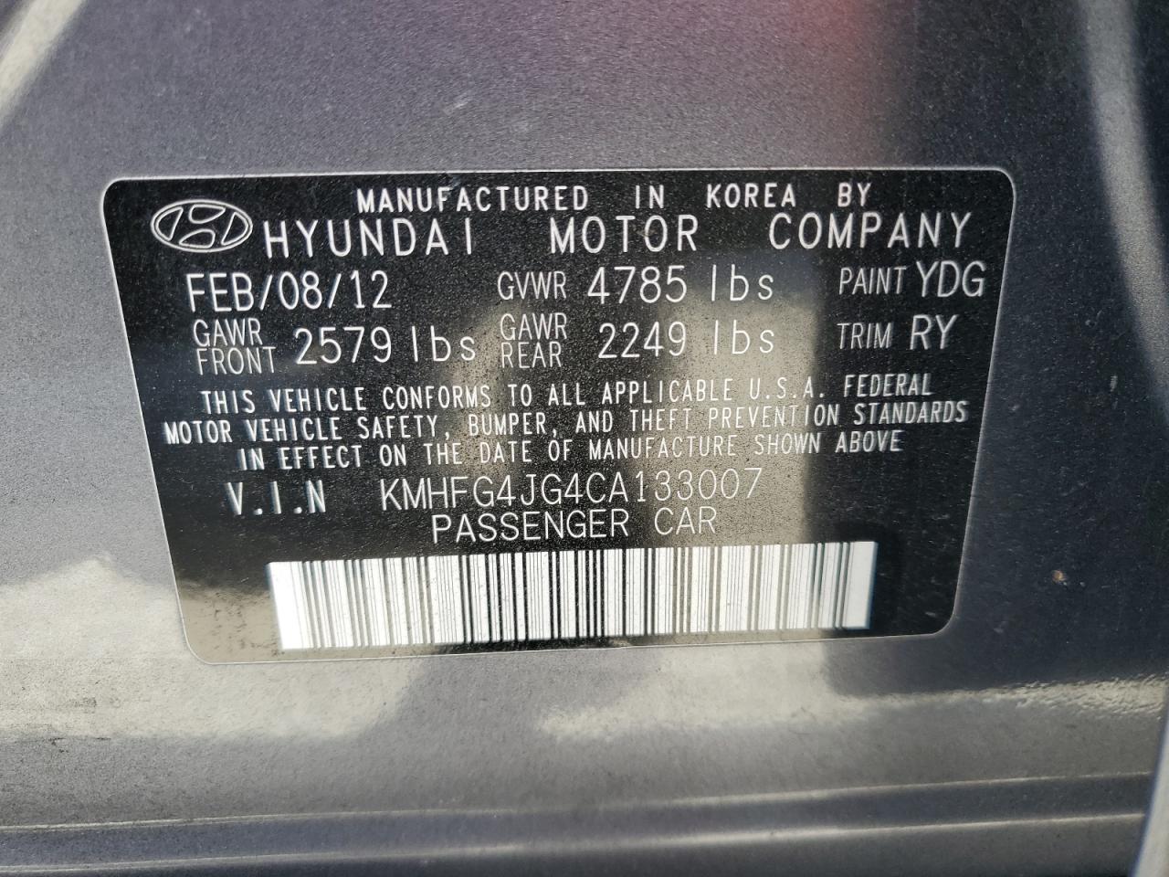 KMHFG4JG4CA133007 2012 Hyundai Azera Gls