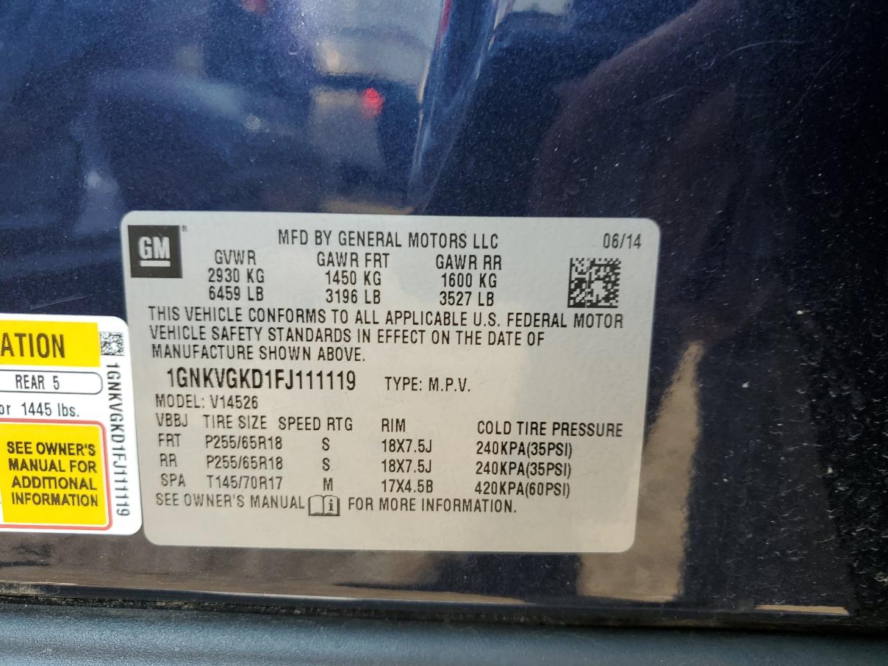 2015 Chevrolet Traverse Lt VIN: 1GNKVGKD1FJ111119 Lot: 67101824