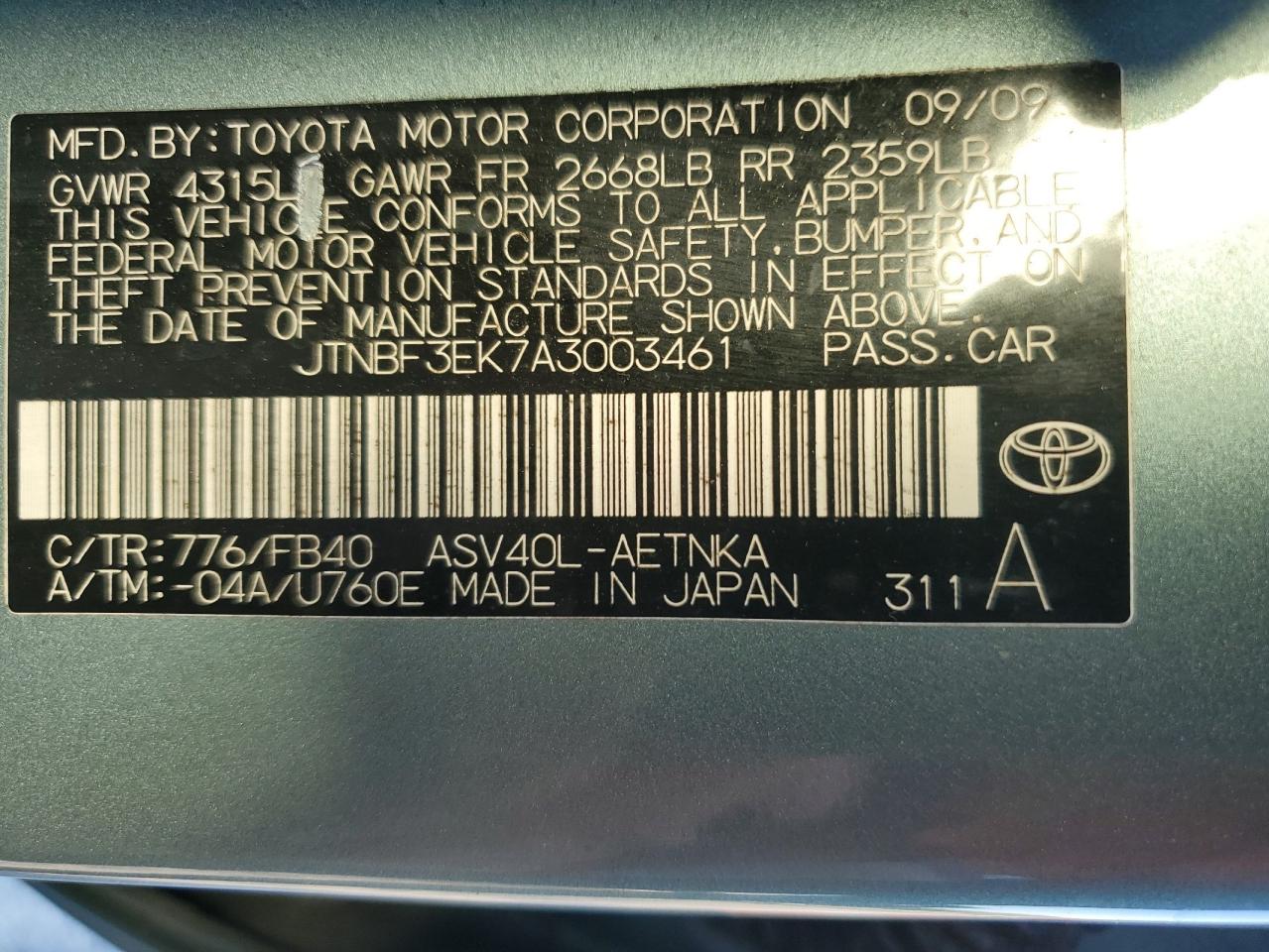 JTNBF3EK7A3003461 2010 Toyota Camry Base