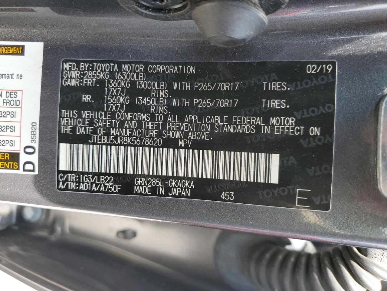 JTEBU5JR8K5678620 2019 Toyota 4Runner Sr5