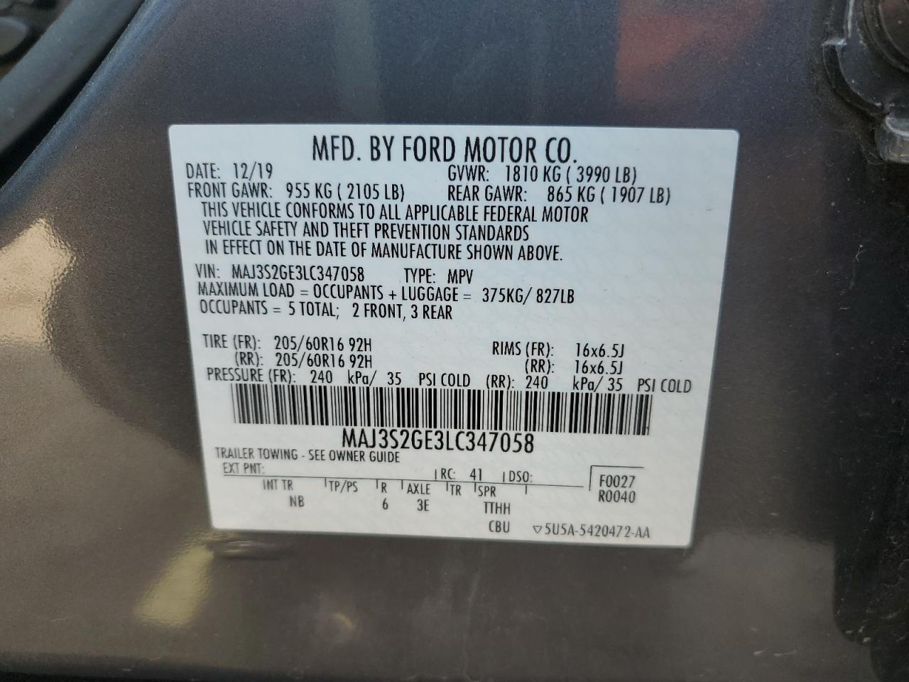 2020 Ford Ecosport Se VIN: MAJ3S2GE3LC347058 Lot: 68936564