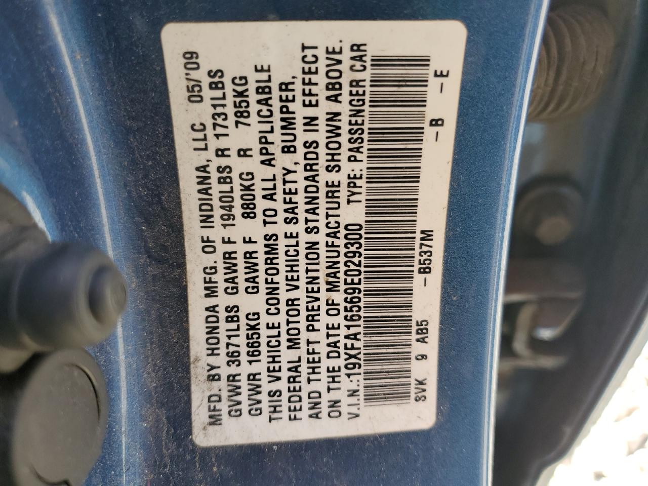 2009 Honda Civic Lx VIN: 19XFA16569E029300 Lot: 68714454