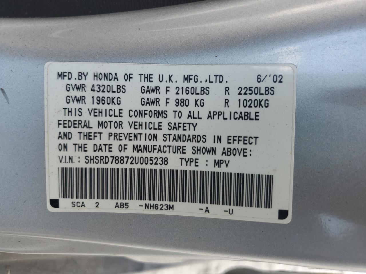 2002 Honda Cr-V Ex VIN: SHSRD78872U005238 Lot: 69618684