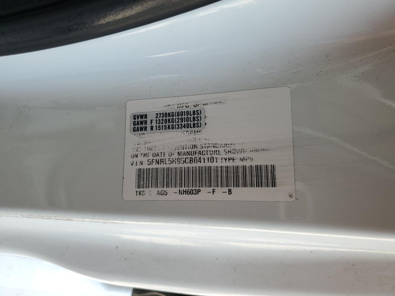 5FNRL5H95CB041101 2012 Honda Odyssey Touring