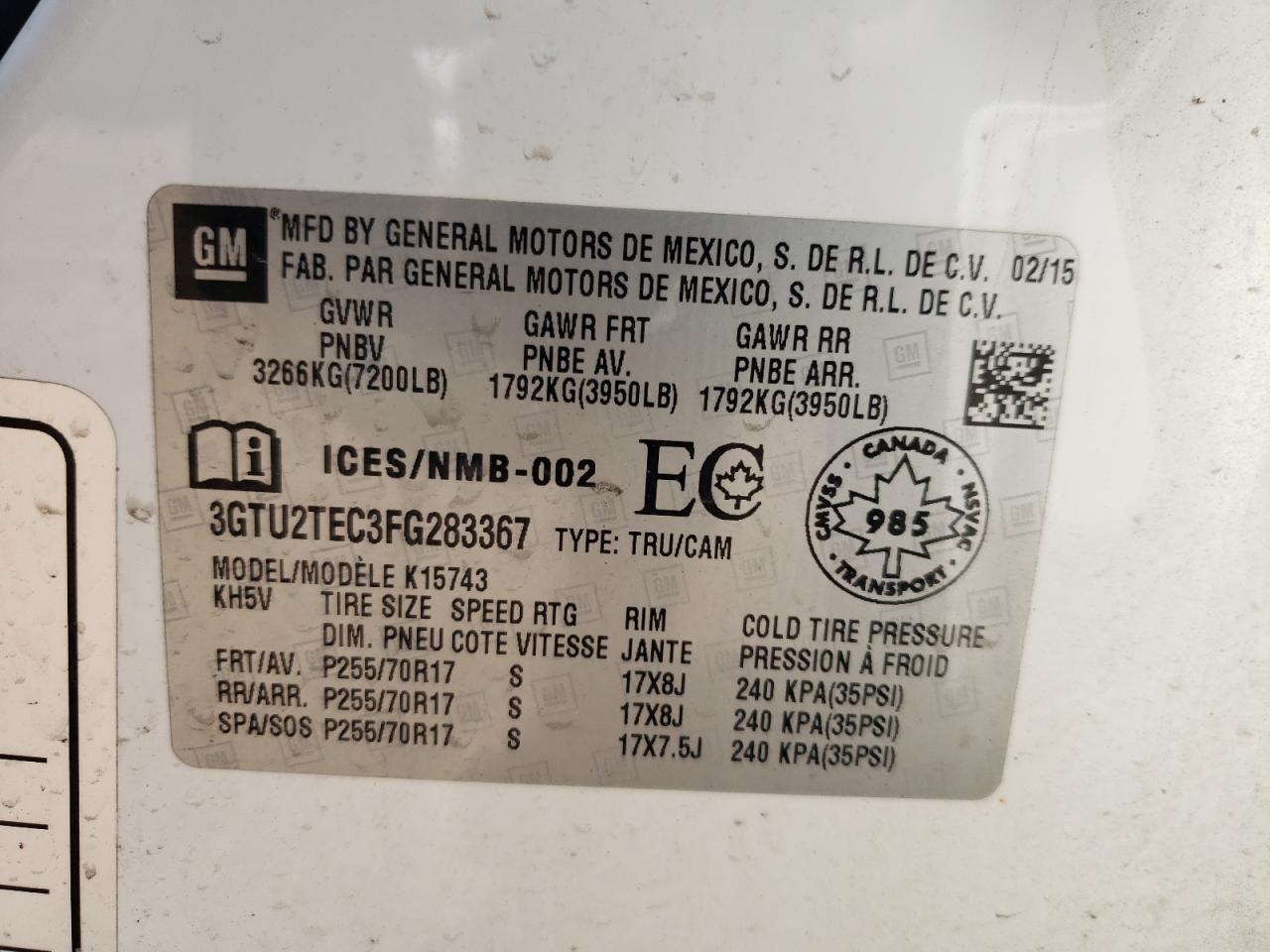 3GTU2TEC3FG283367 2015 GMC Sierra K1500