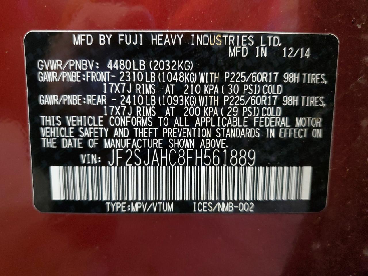 2015 Subaru Forester 2.5I Limited VIN: JF2SJAHC8FH561889 Lot: 67027574