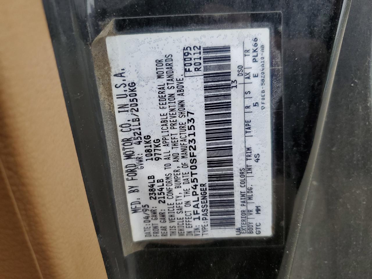 1995 Ford Mustang Gt VIN: 1FALP45T0SF231537 Lot: 67122194