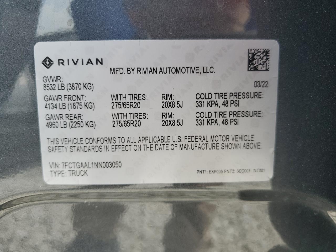 2022 Rivian R1T Launch Edition VIN: 7FCTGAAL1NN003050 Lot: 68101044