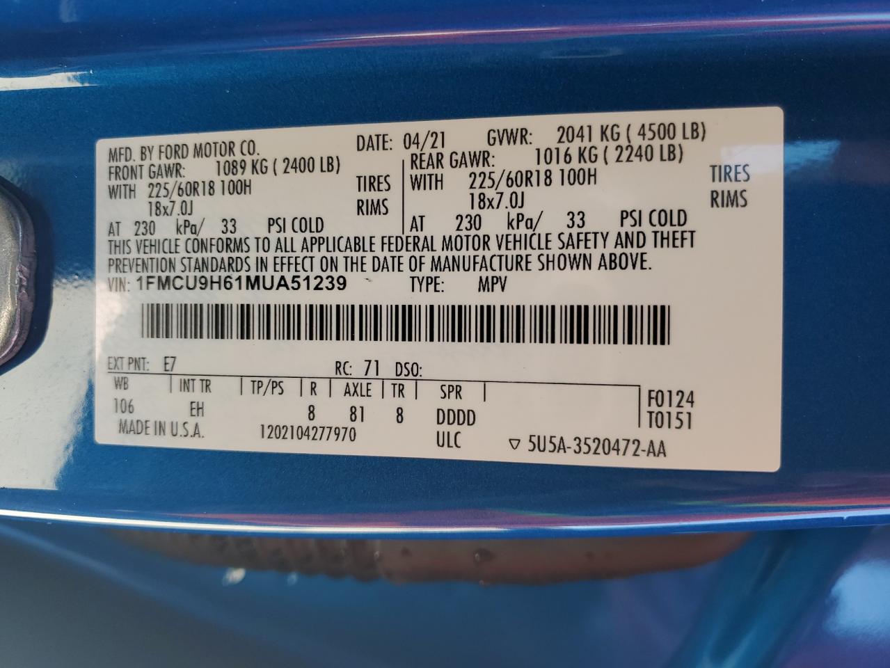 2021 Ford Escape Sel VIN: 1FMCU9H61MUA51239 Lot: 68387754