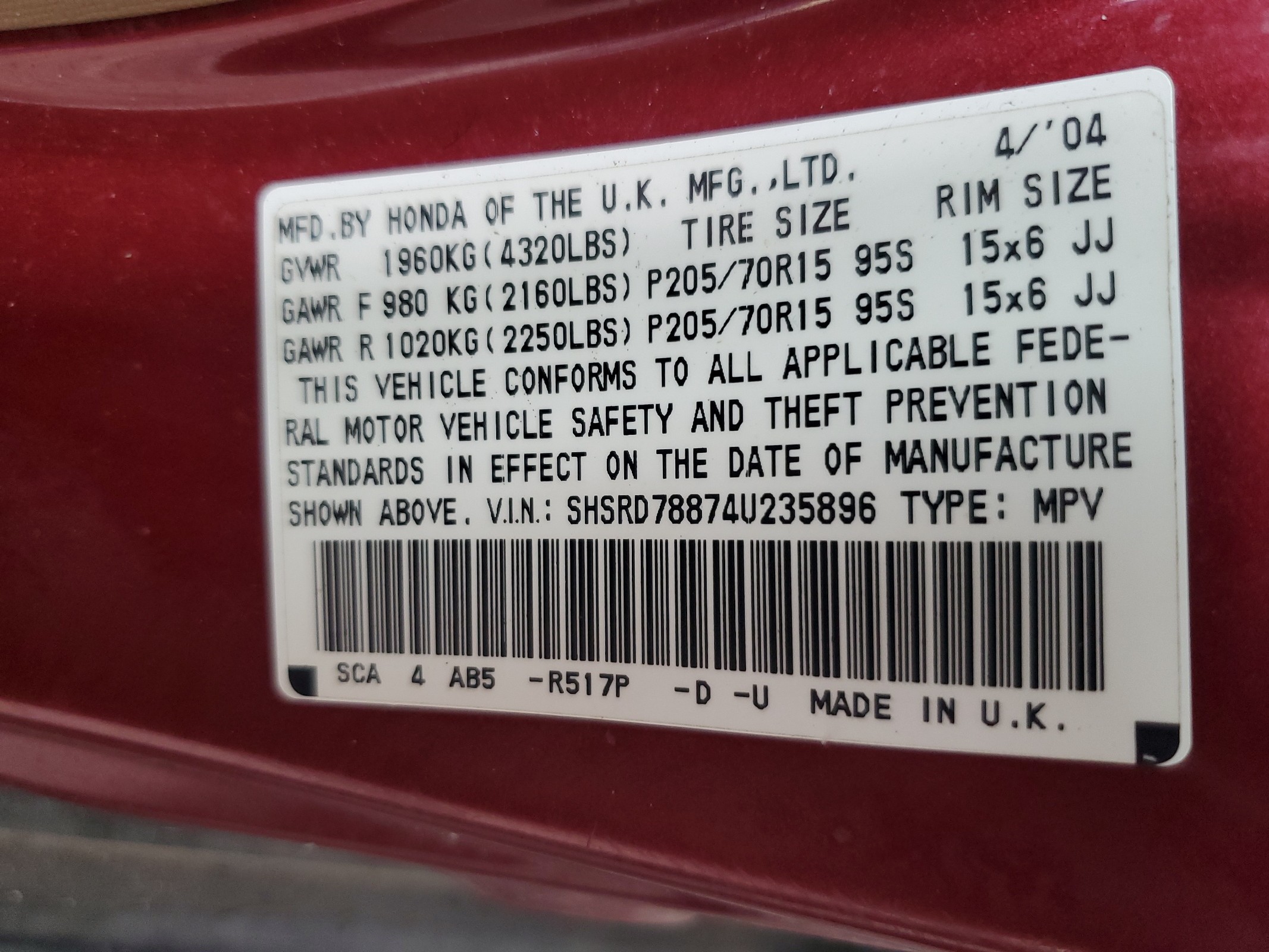 SHSRD78874U235896 2004 Honda Cr-V Ex